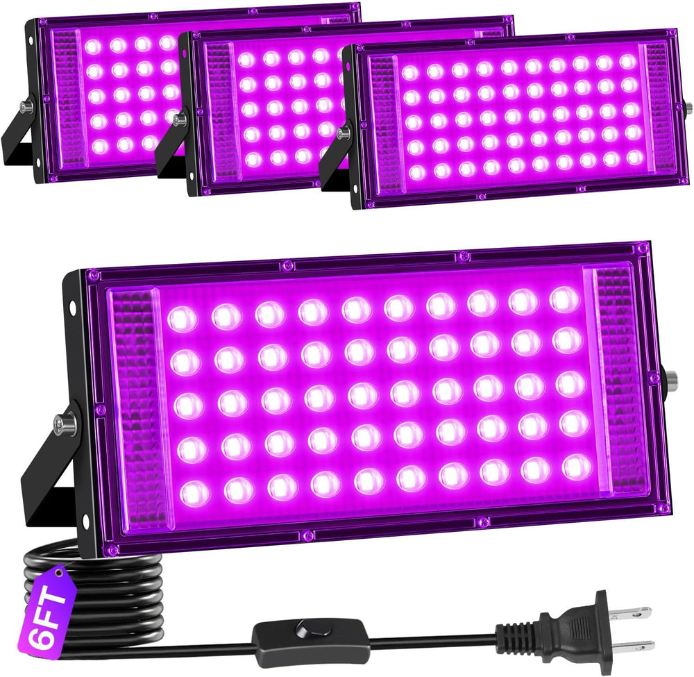 4 Pack 50W Black Light IP66 with Switch+6FT Cord for Halloween Glow Party
