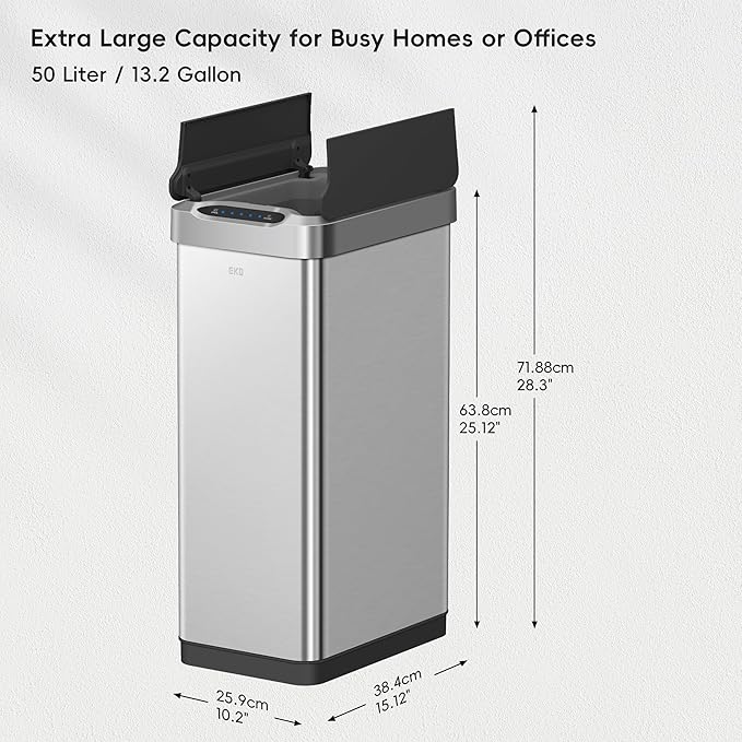 EKO Phantom-T 50 Liter / 13.2 Gallon Vertical Motion Sensor Trash Can, Brushed