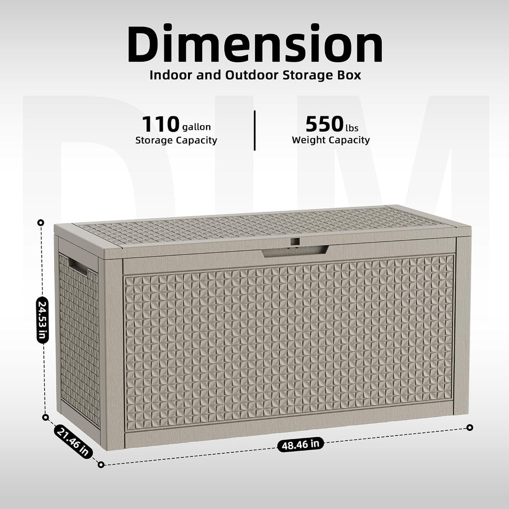 rojik 110 gallon deck box outdoor, waterproof outdoor on a desk or shelf