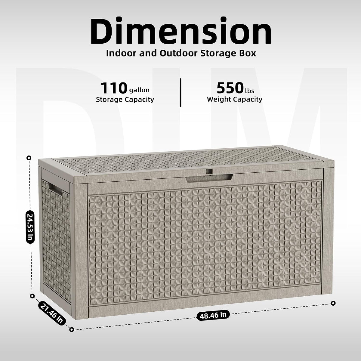 rojik 110 gallon deck box outdoor, waterproof outdoor on a desk or shelf