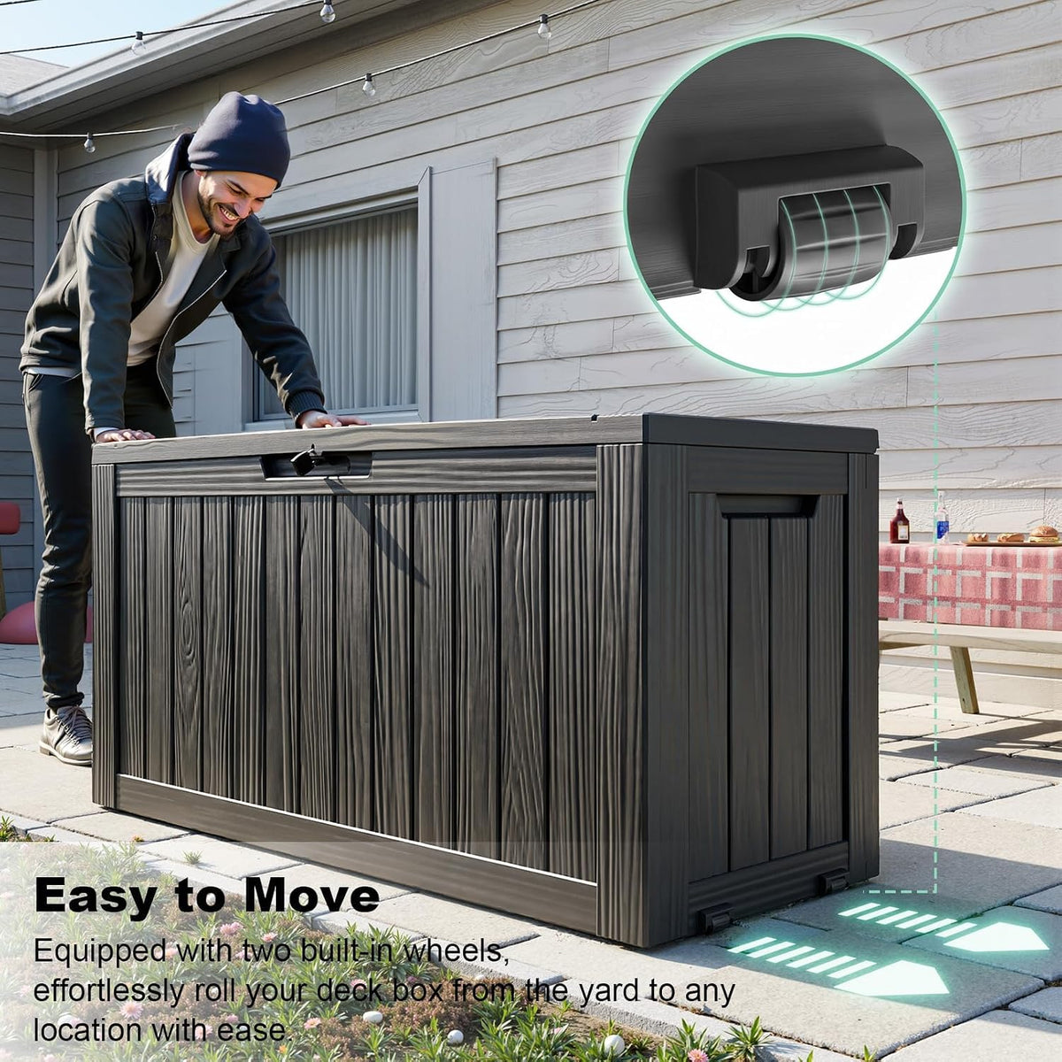 150 gallon large outdoor storage box with wheels shown in use