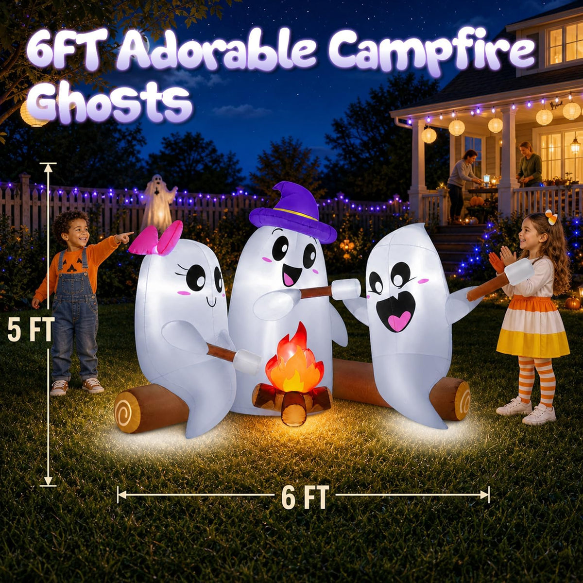 zukakii 6FT Long Halloween Inflatables Decorations Outdoor Campfire Ghosts Adorable Halloween Blow up Yard Decoration Blowup Cute 3 Ghosts Roasting Marshmallows Over Campfire Built-in LEDs Party Lawn