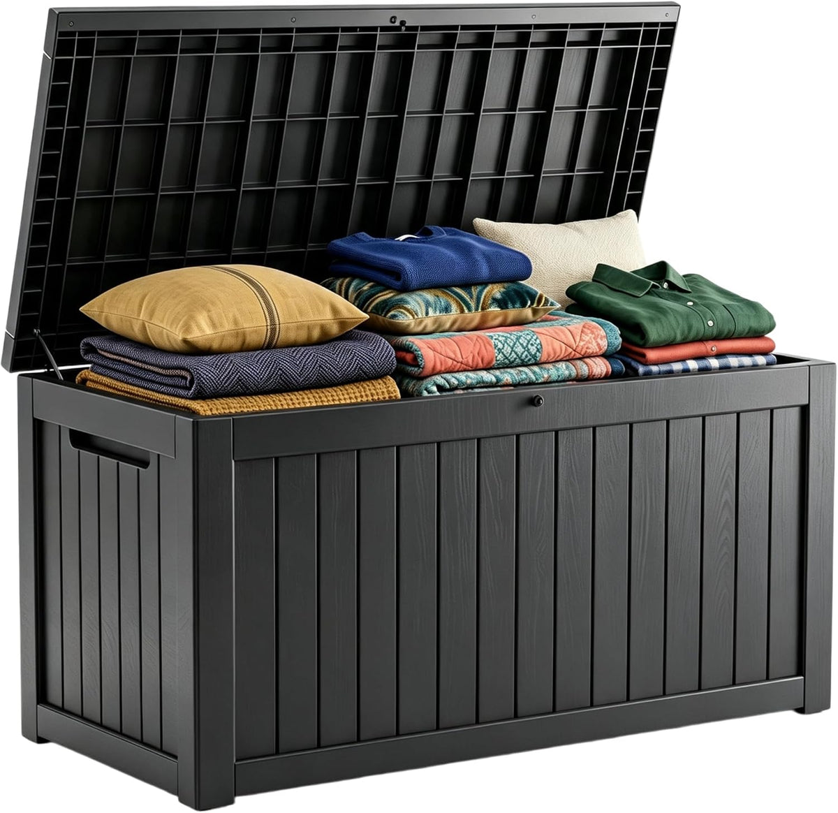 201 Gallon Large Resin Outdoor Storage Box, Waterproof Deck Box with Lockable Lid, Outside Storage Box for Patio Furniture, Pool Accessories, Garden Tools, Storage Bench for Backyard, Porch, Black
