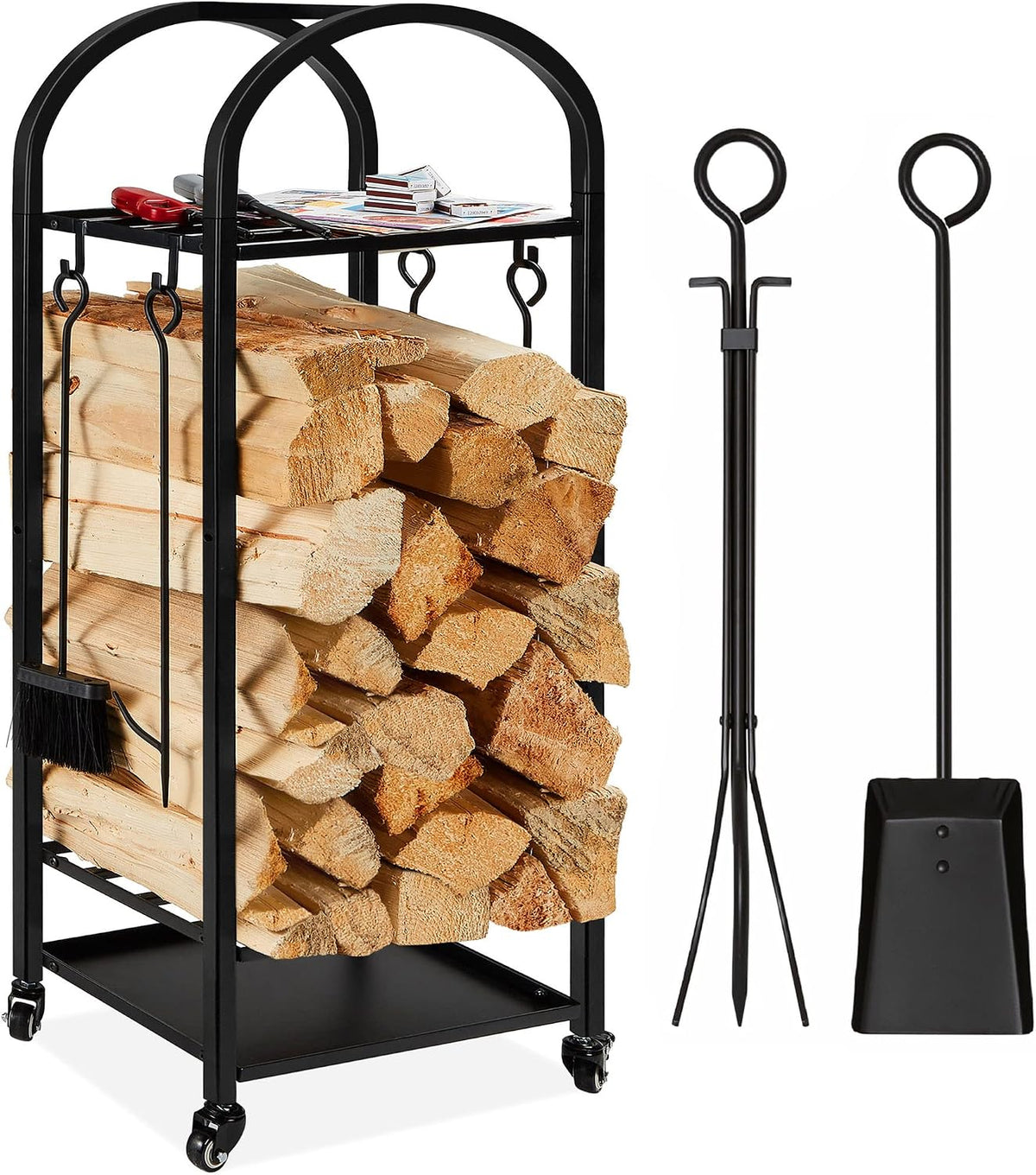 Best Choice Products Large Firewood Log Rack, XL 4ft 3 Tier Wrought Iron Firewood Rack with Tools Wheels, Indoor Outdoor Wood Storage w/ 4 piece Tool Set, Locking Casters