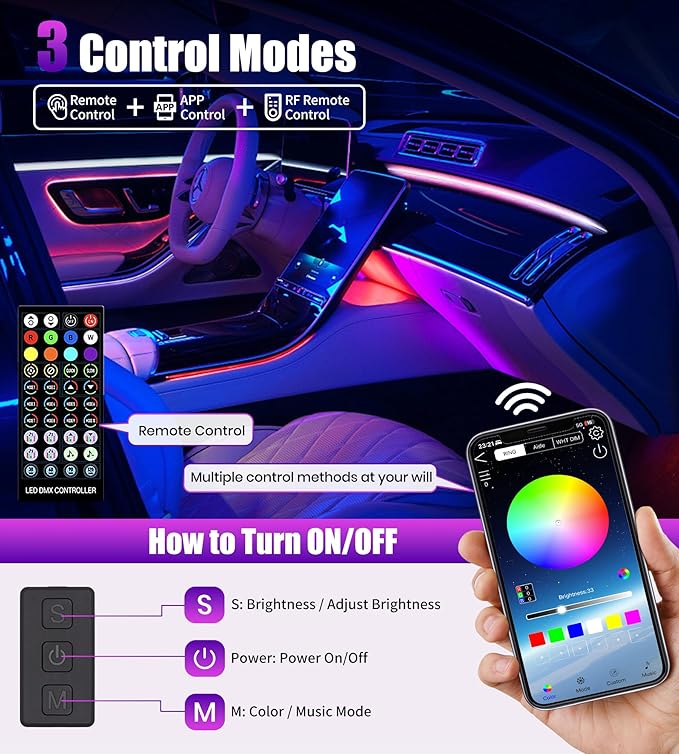 KENANEK 175’’ Acrylic Car Ambient Lighting Kit – 6 RGB LED Light Strips