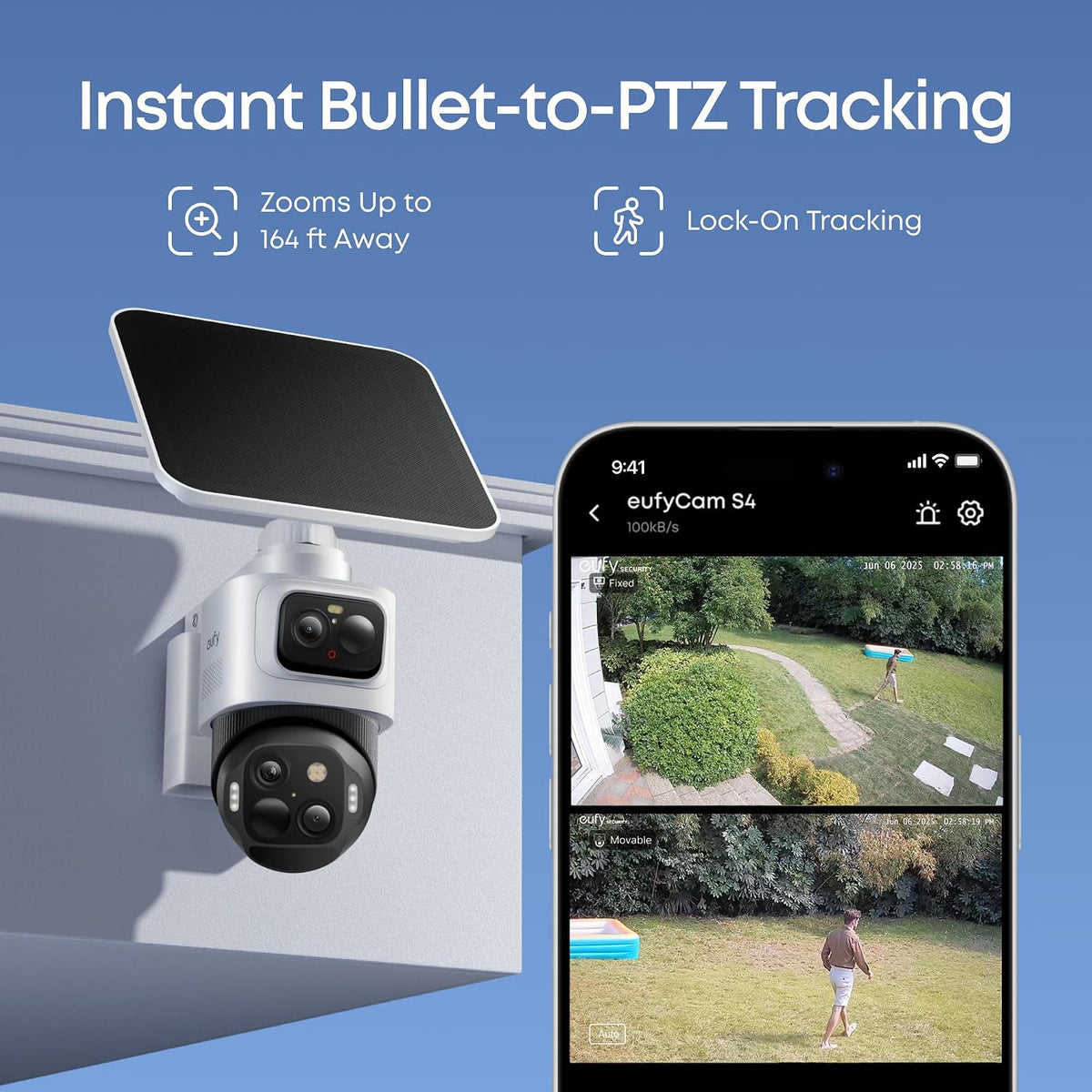 eufy security eufycam s4, 4k solar camera, 3-lens showing dimensions