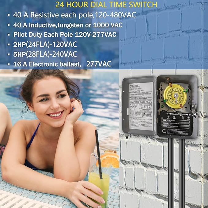 T104 Mechanical Timer Switch, 208–277 VAC 40 Amp, Pool Pump Switch, 24 Hour 12