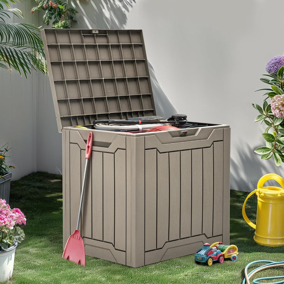 YITAHOME Outdoor Resin Storage Box 31 Gal, Water-resistant Patio Deck Box Outdoor Storage Box for Pillows, Garden Equipment, Securely Lockable, Light Brown