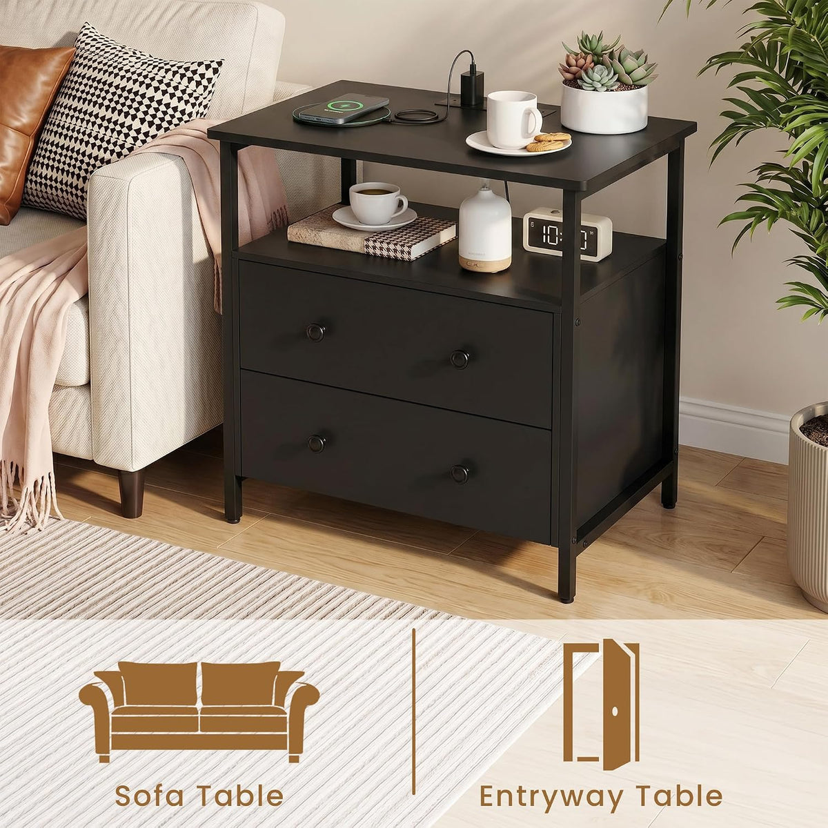 Edbuosy 27" Wide Nightstand with Charging Station & 2 Drawer, Black