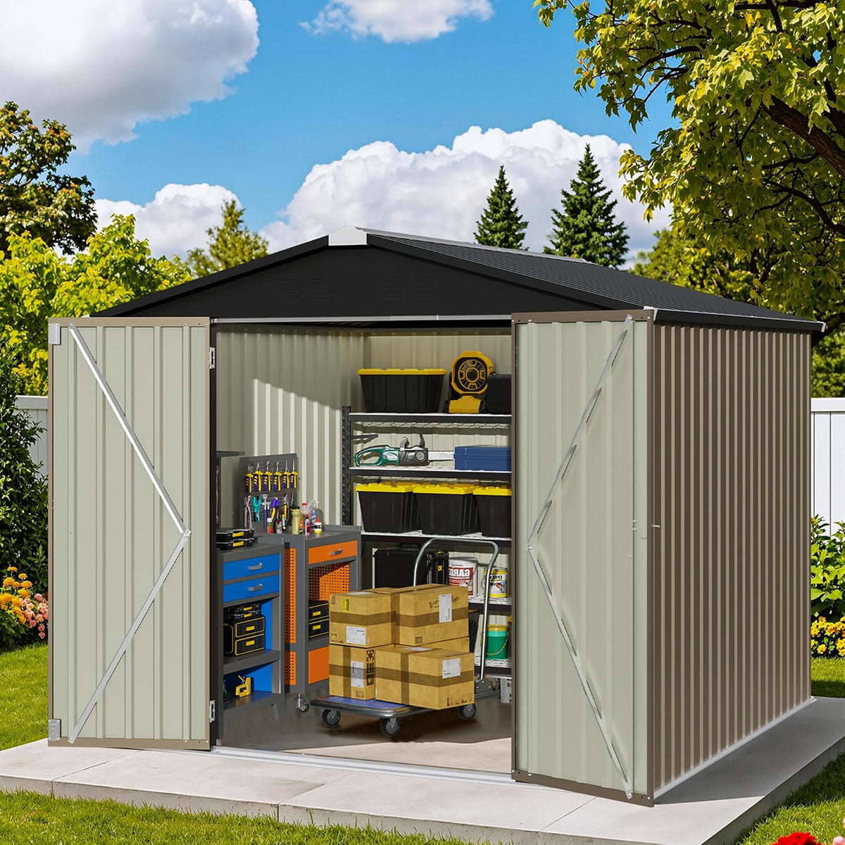 Patiowell 8x8 FT Storage Shed, Outdoor Metal Sheds, Brown
