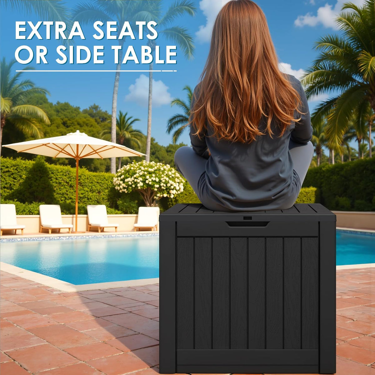 greesum 40 gallon outdoor deck box, resin storage showing dimensions