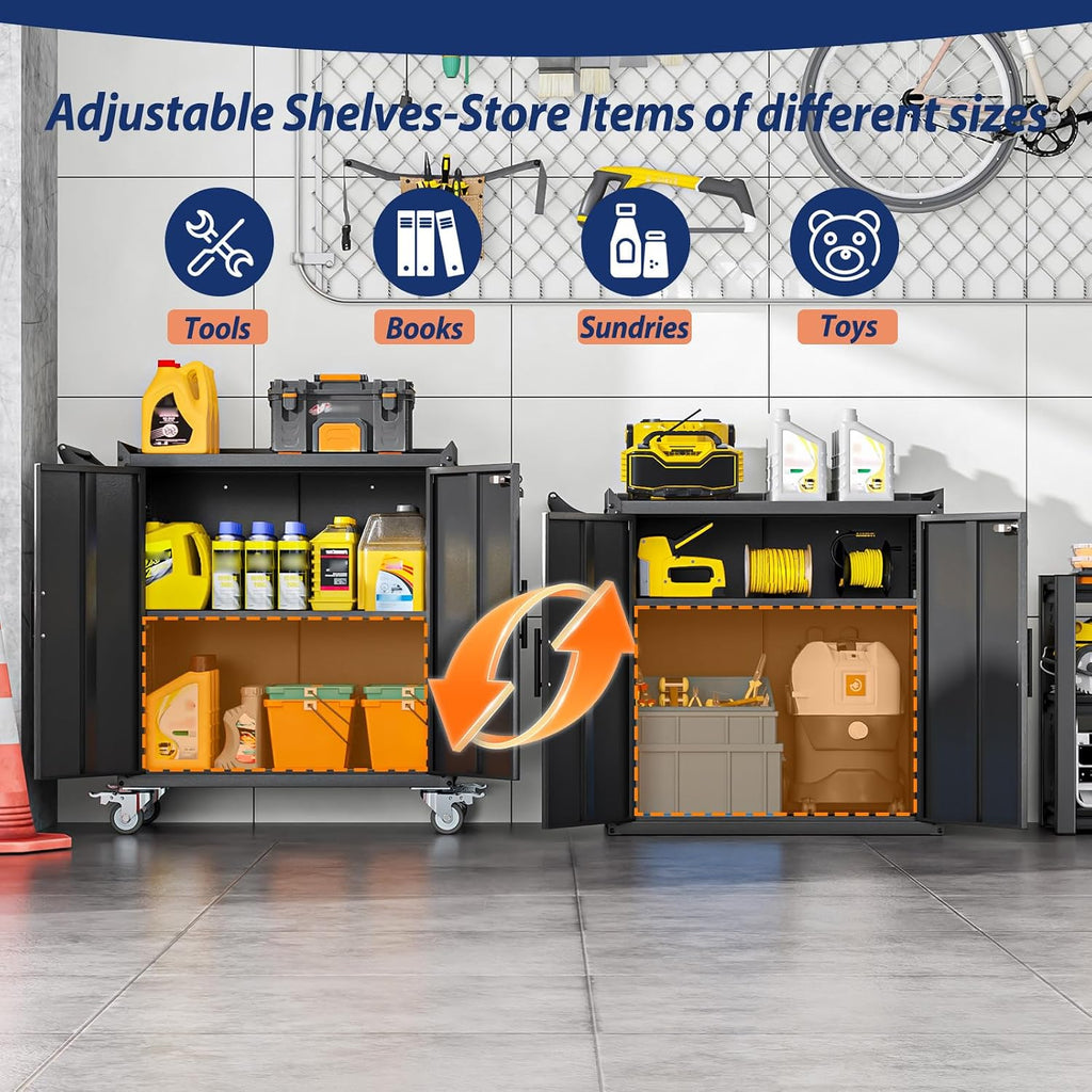paofin metal lockable garage cabinet with 2 adjustable showing dimensions