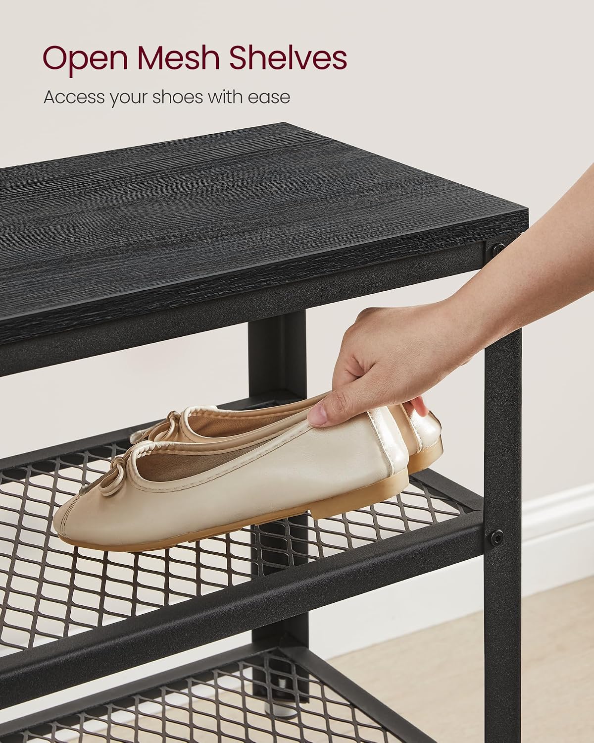 vasagle 3-tier shoe rack, storage bench with metal showing dimensions