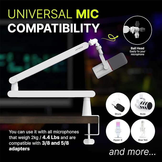 IXTECH White Microphone Boom Arm Stand Low Profile Boom Arm Adjustable Mic Stand