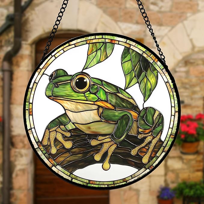 DASTOLL Stained Glass Window Hanging, Frog Green Leaf Sun Catchers Colorful
