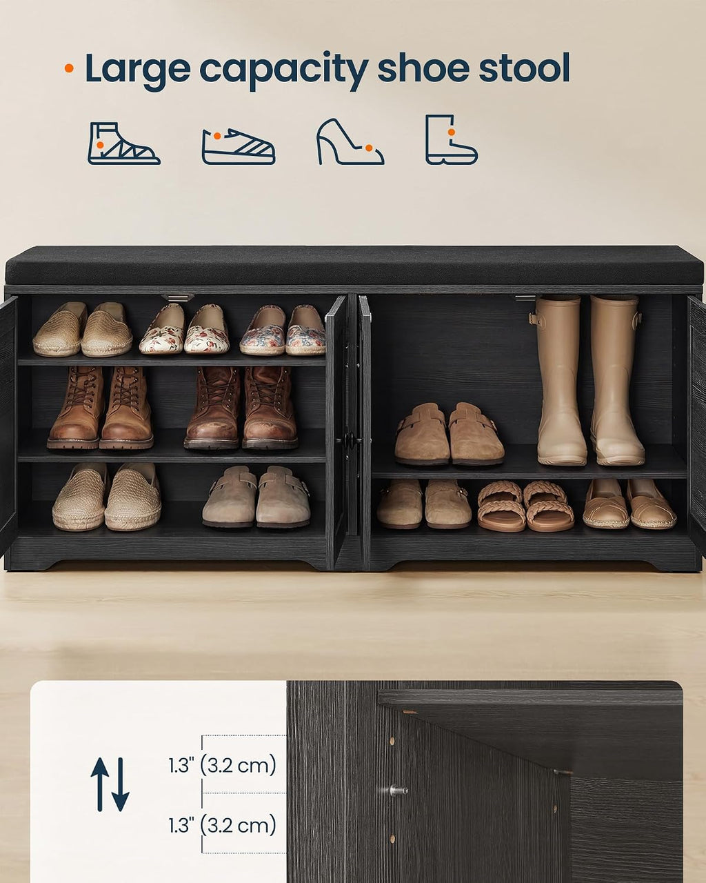 songmics home 3-tier entryway bench, shoe bench with, side view
