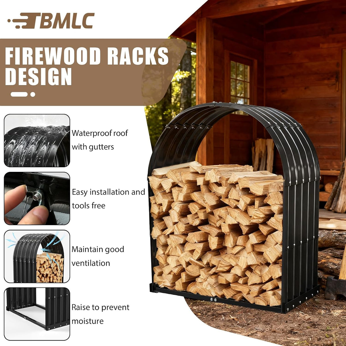 tbmlc heavy-duty black firewood storage shed with round, close-up detail