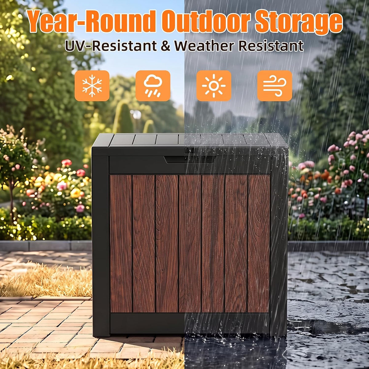 vixzen 35 gallon deck boxes outdoor waterproof, lockable, side view