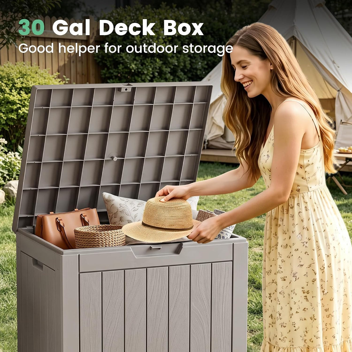 30 Gallon Outdoor Storage Box, Waterproof Resin Deck Box with Side Handles, Lockable Outdoor Bench for Indoor & Outdoor Use, Storage Bin for Patio Cushions, Garden Tools
