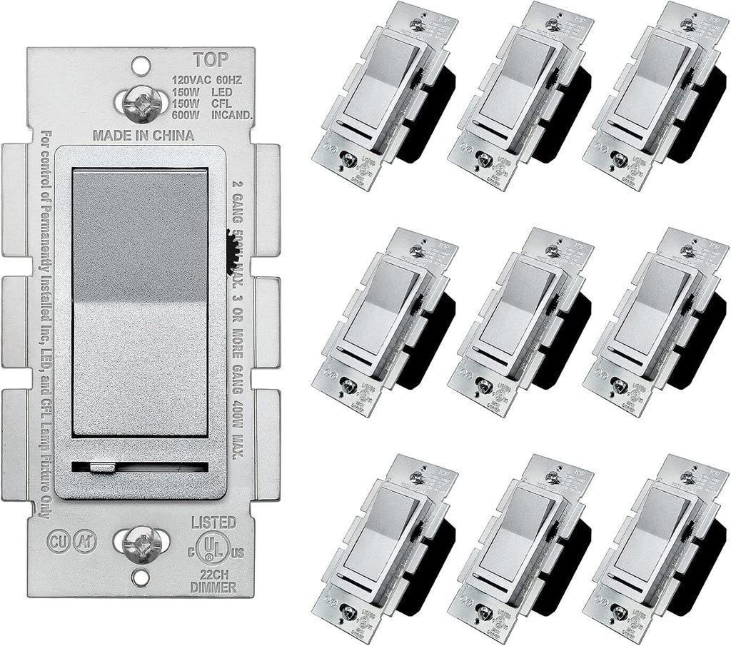 BESTTEN 10 Pack Matte Silver Dimmer Light Switch, Single Pole or 3-Way