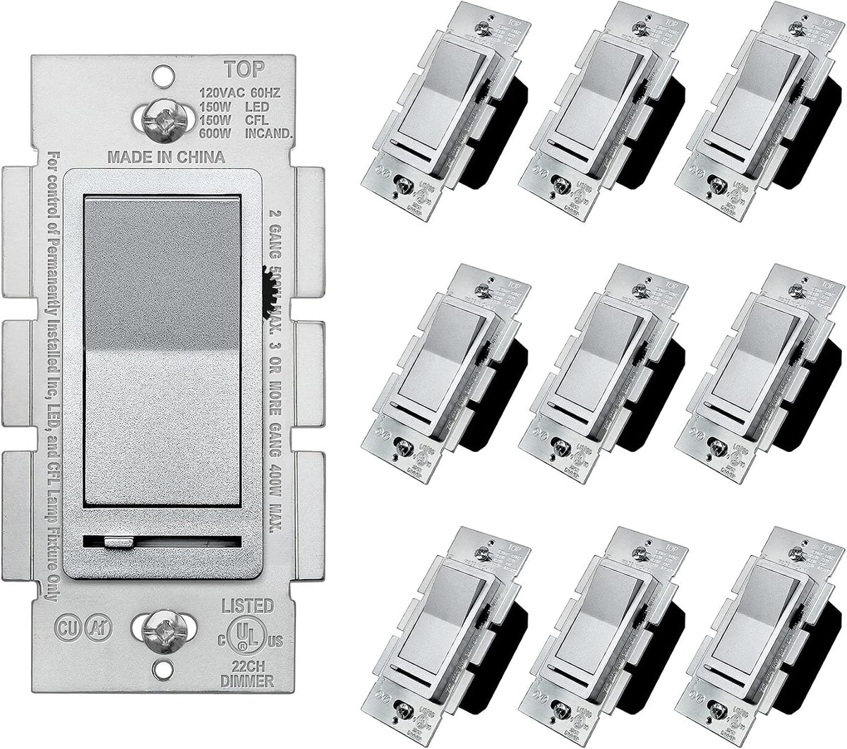 BESTTEN 10 Pack Matte Silver Dimmer Light Switch, Single Pole or 3-Way