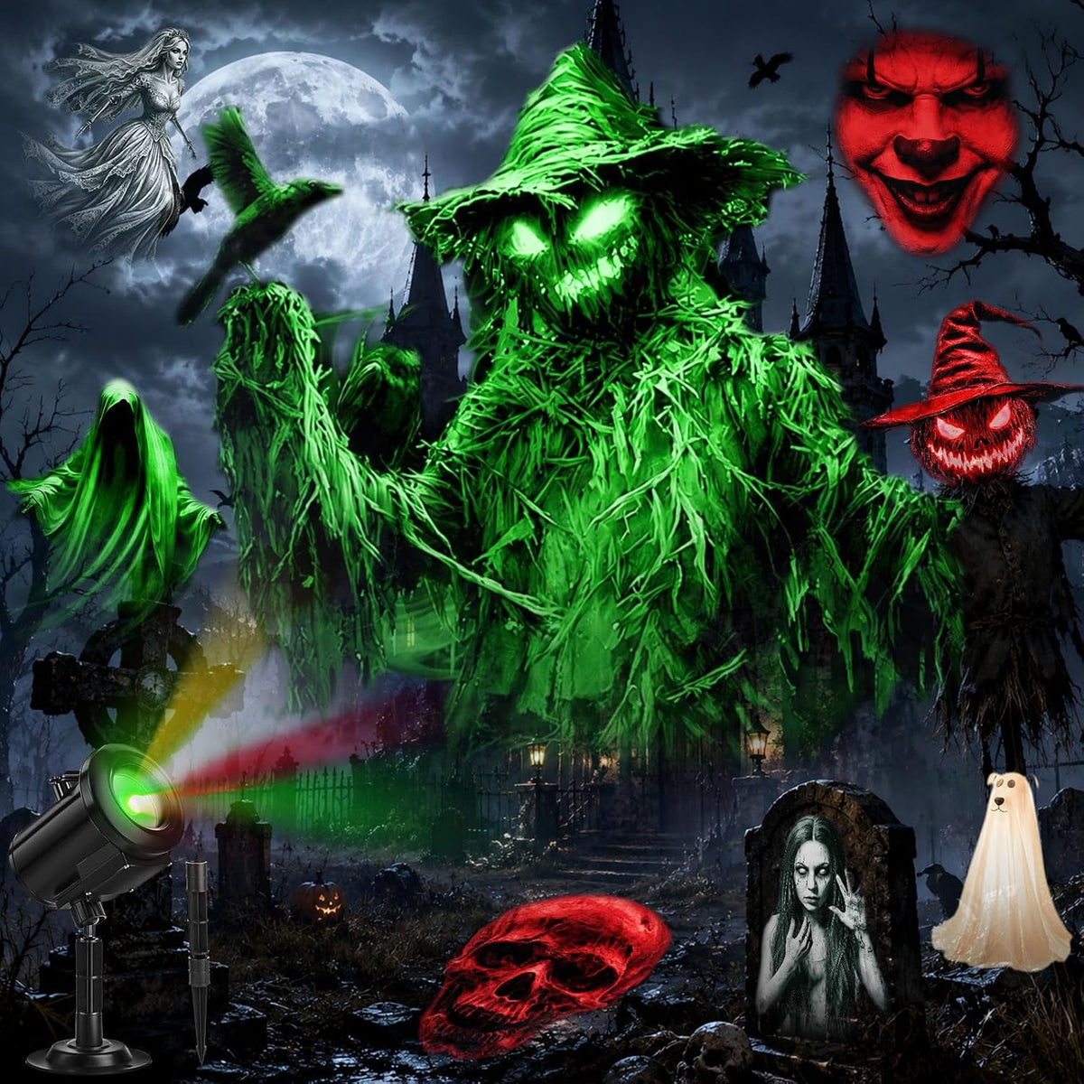 12-in-1 Halloween Projector Lights Outdoor, 3D Halloween Decoration Light