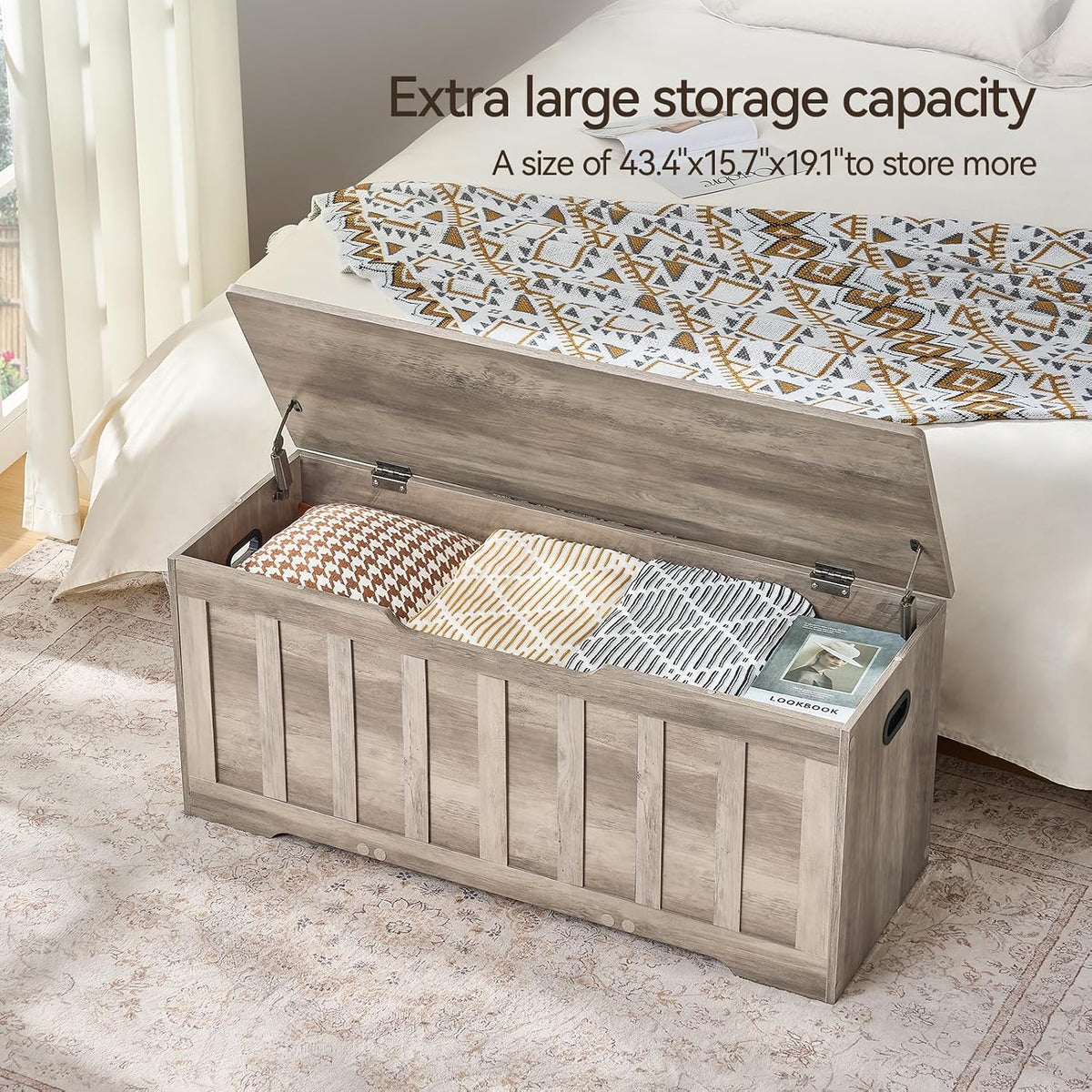 vankiley 43.3" storage chest extra large, storage bench.(greige) showing dimensions