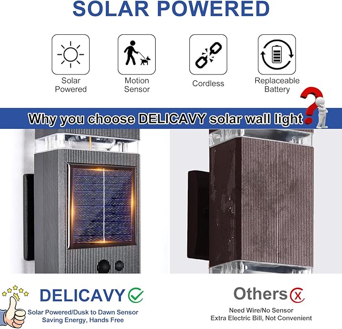 Delicavy 2 Pack Solar Outdoor Wall Lights