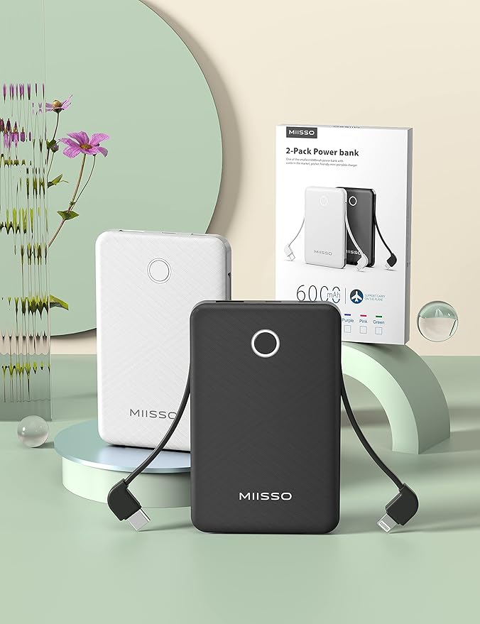 6000mah Ultra Slim Built in Cables Power Bank, Card Size Built in USB C Cords (2-Pack)