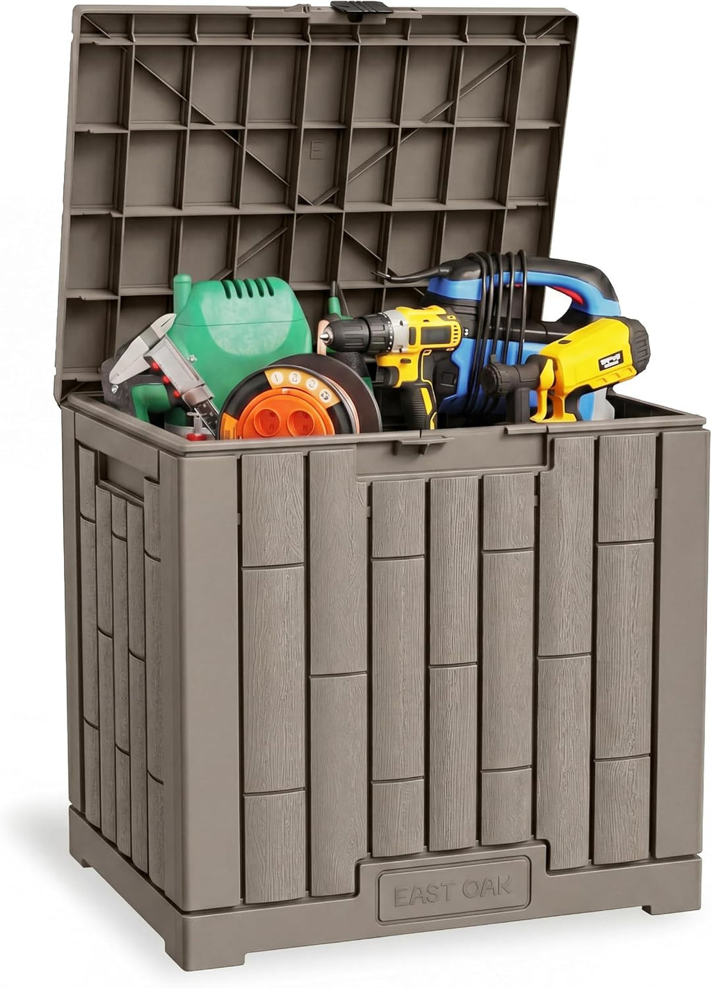EAST OAK Outdoor Storage Box, 31 Gallon Deck Box, Waterproof Resin Storage Bin for Patio Cushions, Gardening Tools, Accessories, Lockable, UV Resistant, Brown