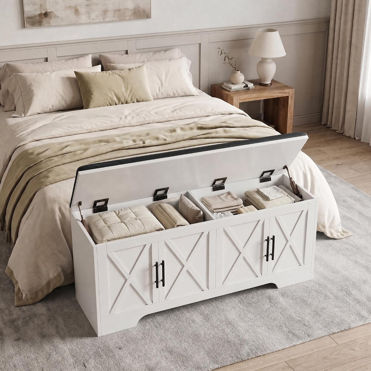 DreamDashio Storage Bench with Cushion, 47.2" End of Bed Storage Bench with Lift Top, Window Bench Seat with Storage for Bedroom, Mudroom, Entryway, Living Room & Hallway, White