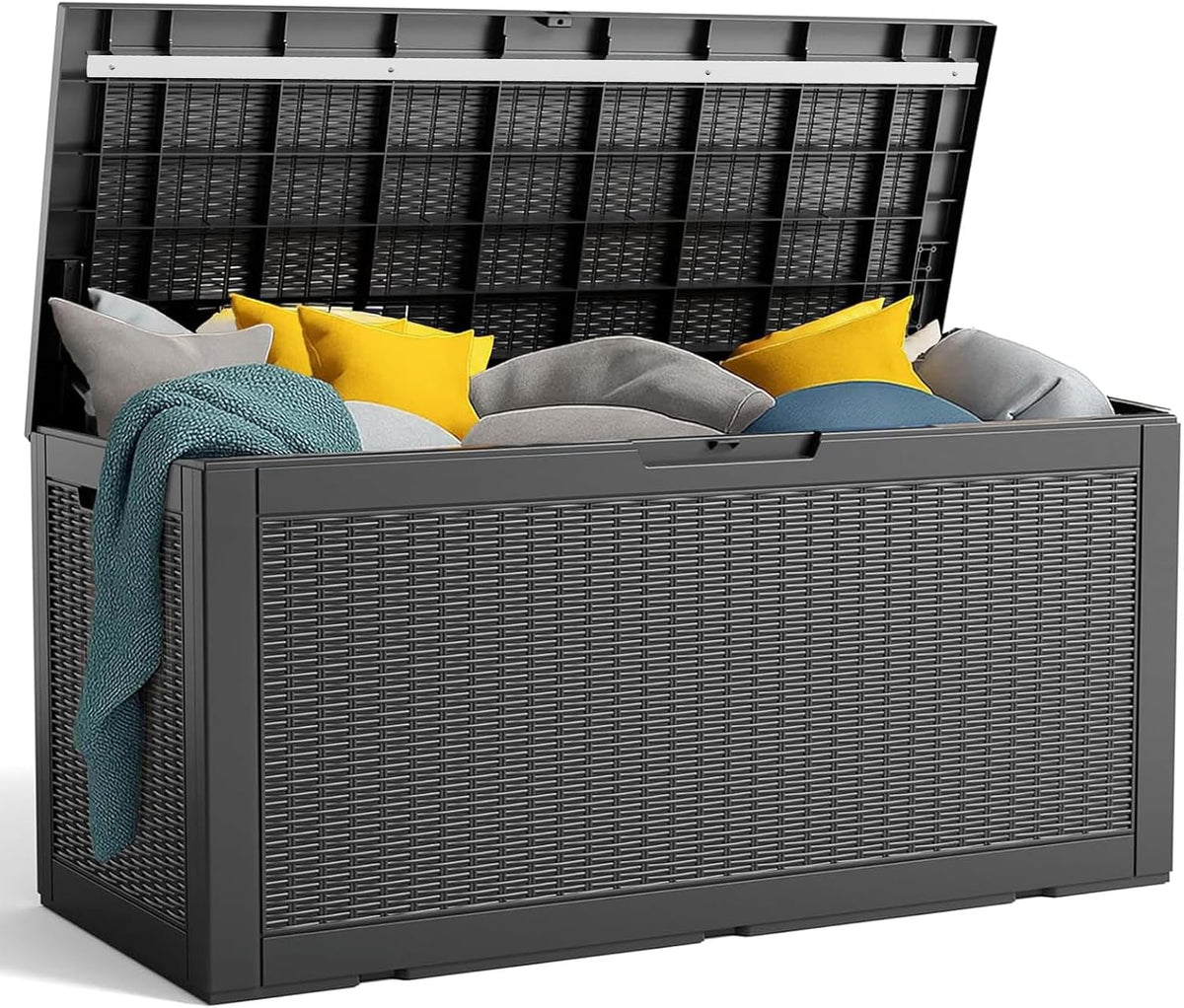 PatioZen 120 Gallon Outdoor Deck Box,Waterproof Resin Outdoor Storage Boxes, Outside Storage Lockable Container for Garden Tools,Indooor Cushions,Accessories (Black)