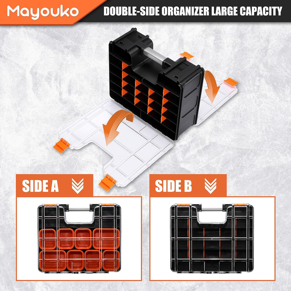 Mayouko Double Side Tool Box with Transparent Lid, 8 Movable Small Trays & Removable Dividers, Multi-Function Small Parts Organizer, for Hardware, Screws, Bricks, Nails, Jewelry and Fishing Tackle