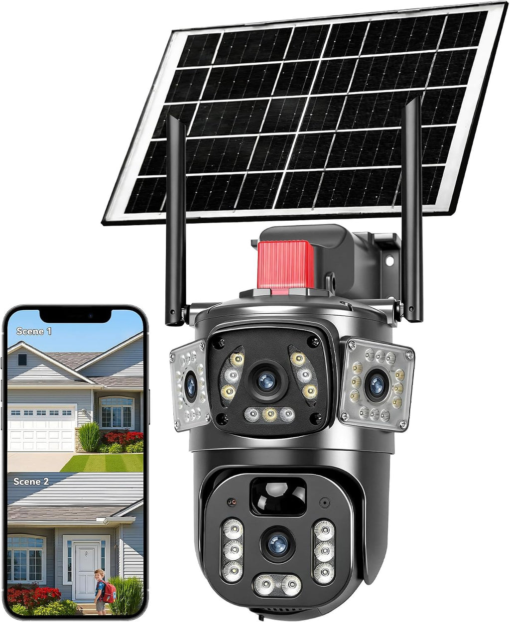 KEPEAK Solar Security Camera Outdoor Wireless, Dual Lens PTZ WiFi Camera 2.4G, IP66 Outdoor Camera with Three-View Display, Color Night Vision, Human Detection