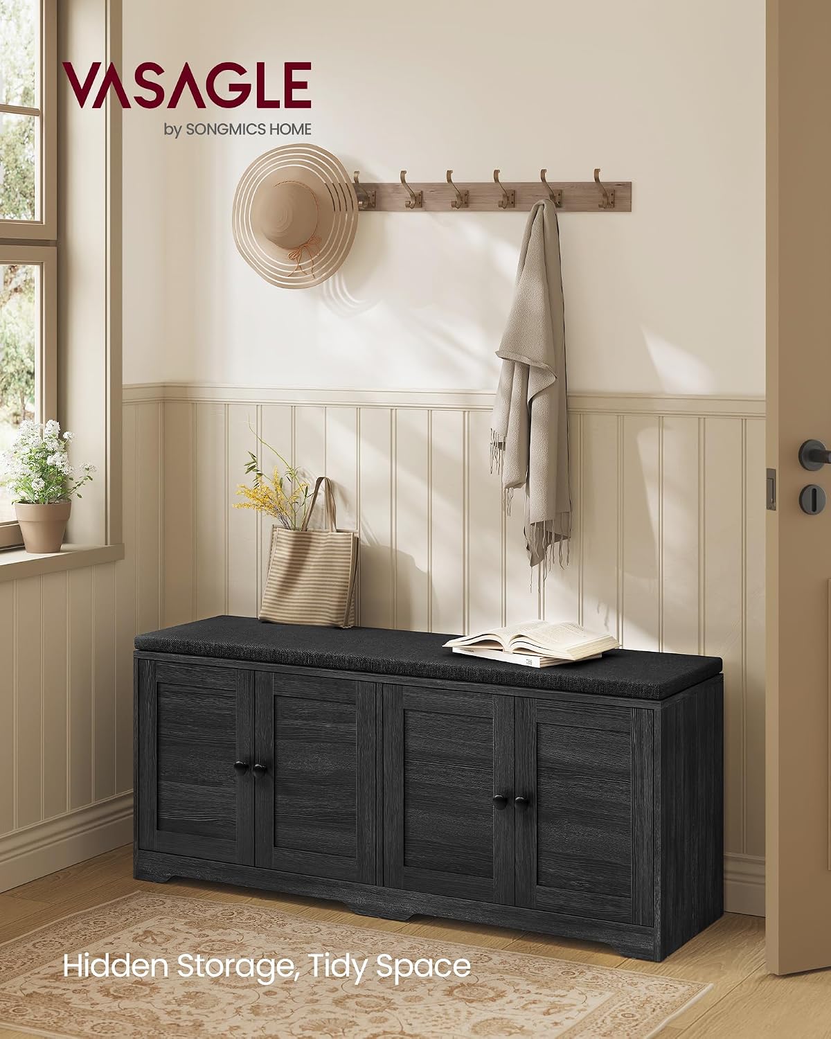 vasagle 3-tier shoe storage bench with cushion, 14 shown in use