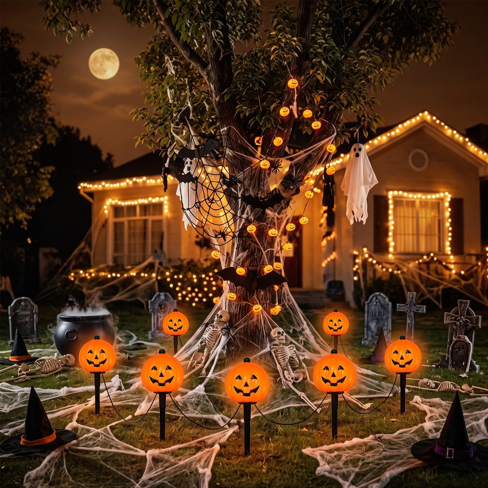 2 Sets 7Ft Halloween Pathway Lights Outdoor Pumpkin Stake Light with 4 Jack-O...