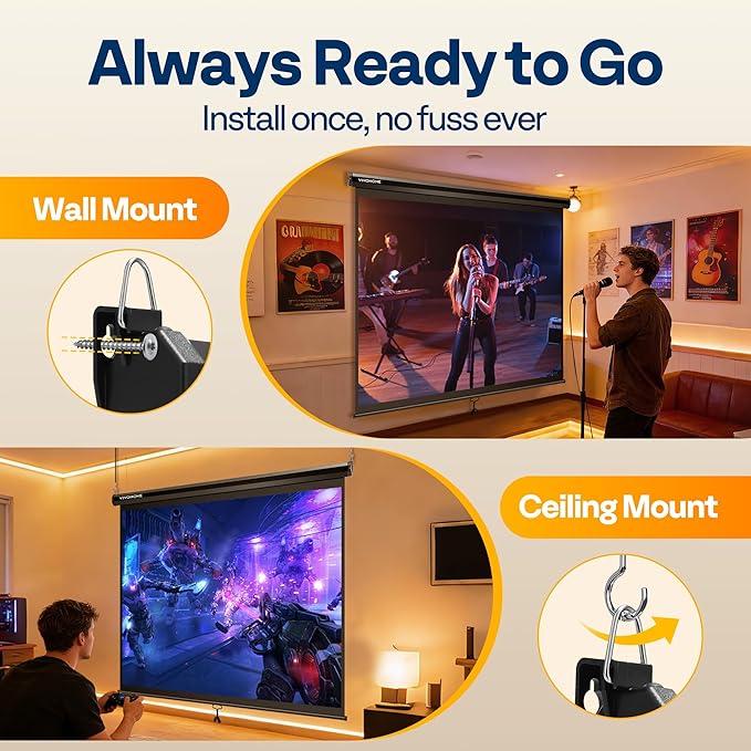 VIVOHOME 120 Inch 1:1 Pull Down Projector Screen, HD 4K Retractable Movie Screen