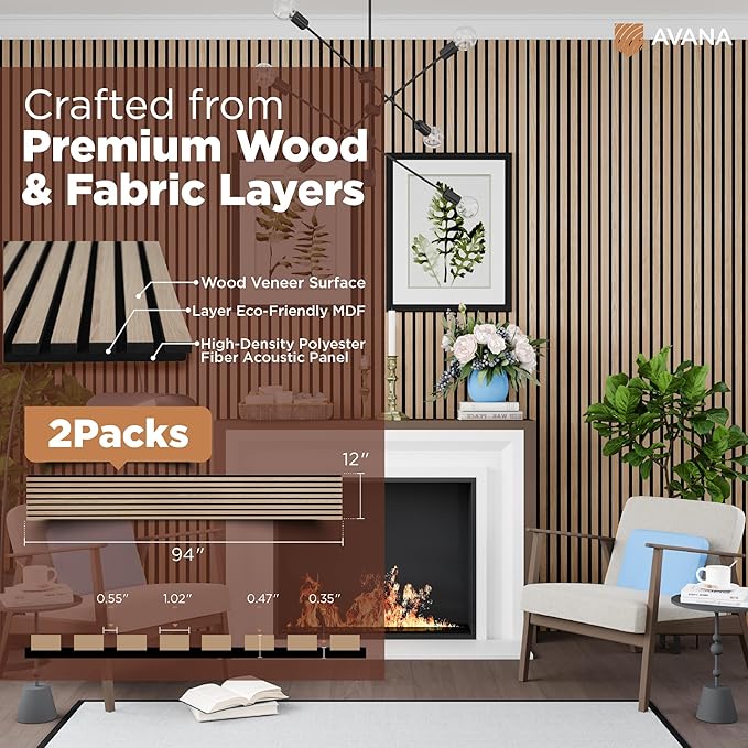 Avana Acoustic Wood Wall Panels – 94.4 X 12.6 Inch White Oak Acoustic Panels 2 (2 PCs)