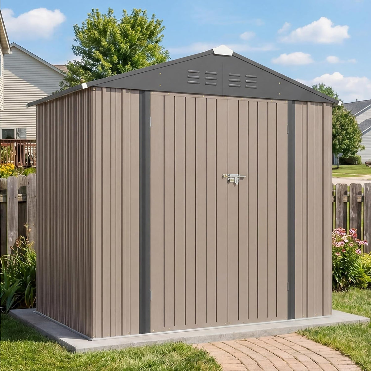 greesum 6x4ft outdoor storage shed with base, brown on a desk or shelf