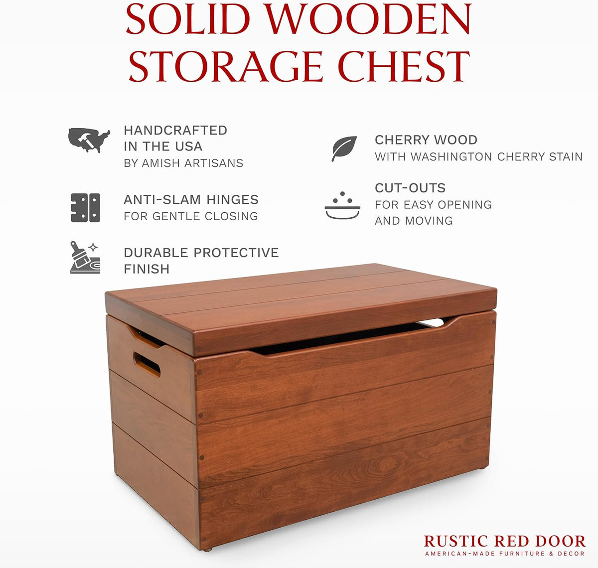 Amish Made Wooden Storage Chest Trunk Box with Lid and Handles for Bedroom, Blanket, Clothes, Anti-Slam Hinges, Handmade, Rustic, Cherry Wood, Cherry Stain, 42"