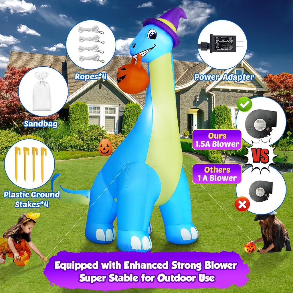 zukakii 13Ft Giant Halloween Inflatable Decorations Dinosaur, Build-in LEDs & Strong Blower Bite Huge Pumpkin with Witch Hat Large Blow Up Halloween Yard Outdoor Indoor Holiday Party