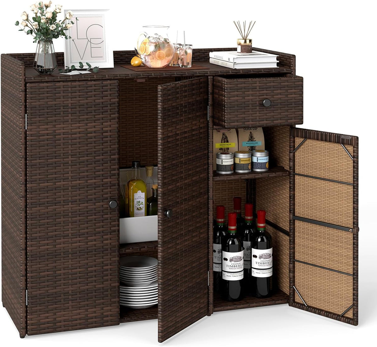 Tangkula Rattan Outdoor Storage Cabinet with 2 Adjustable Shelves