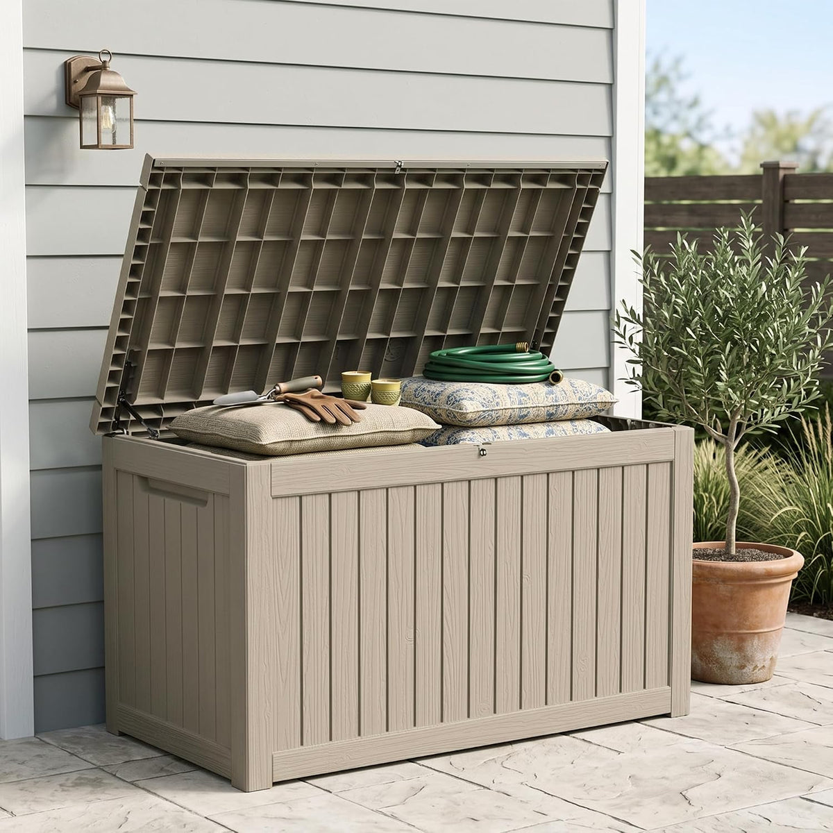Outdoor Storage Box, 270 Gallon Waterproof Deck Box [Upgraded 3.1], Giant Resin Storage for Large Cushions, Heavy Duty Outside Lockable Bench Seat, Large Backyard Party, Grey