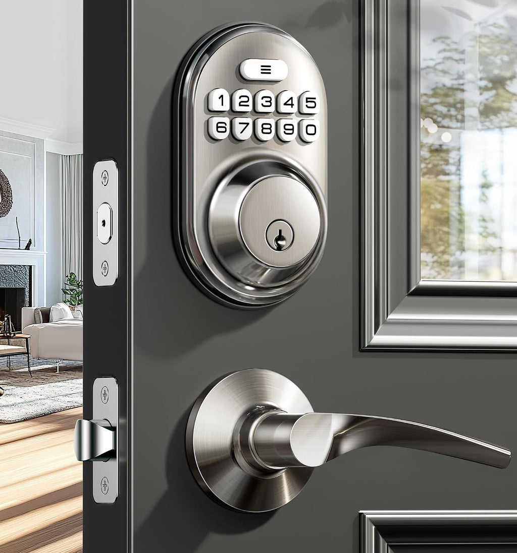 Veise RZ-C Keyless Entry Door Lock with 2 Lever Handles, Satin Nickel