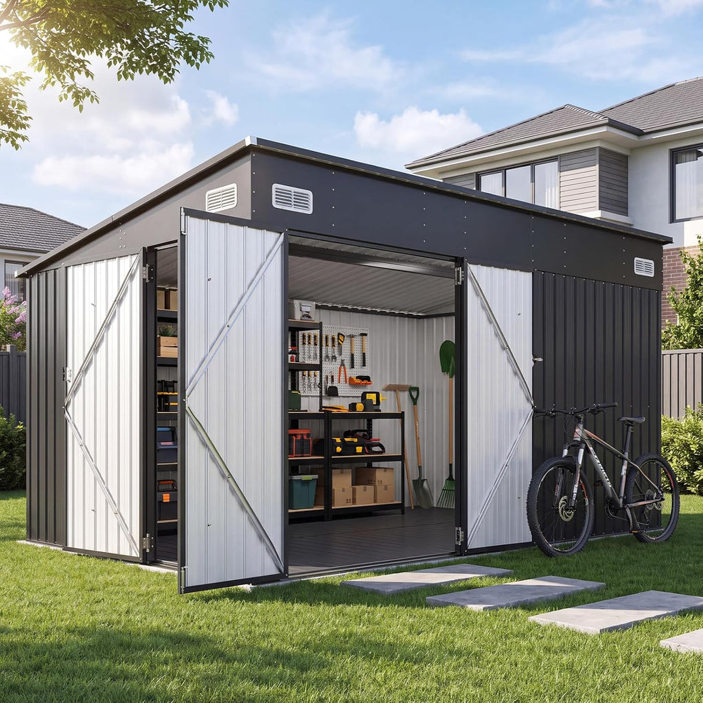 8'x10' Lean to Shed Metal Storage Shed with Floor,Triple Door
