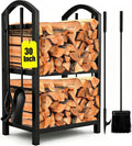 AMAGABELI GARDEN & HOME 30in Firewood Rack Indoor with Tools 5-Piece Fireplace Tools Set Wood Holder Outdoor Wrought Iron Log Holder Firewood Storage Rack for Fireplace,Fire Pit,Wood Stove Black