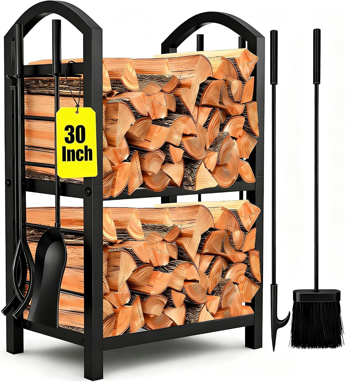 AMAGABELI GARDEN & HOME 30in Firewood Rack Indoor with Tools 5-Piece Fireplace Tools Set Wood Holder Outdoor Wrought Iron Log Holder Firewood Storage Rack for Fireplace,Fire Pit,Wood Stove Black