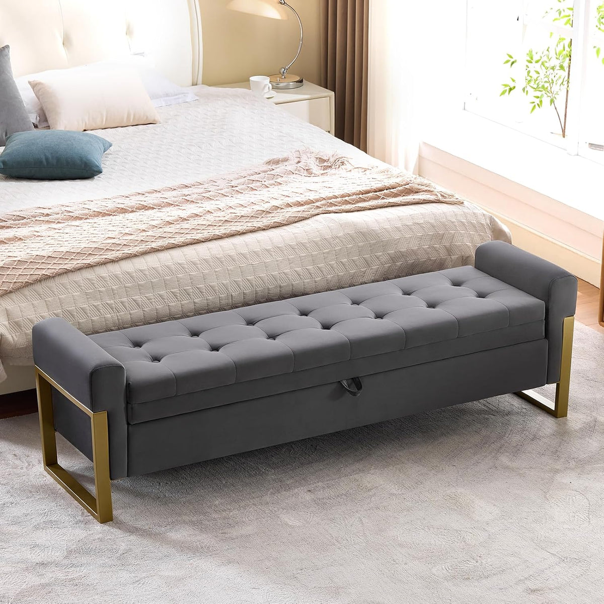 67" Storage Bench for Bedroom, King Size End of Bed Bench, Upholstered Storage Ottoman Bench with Golden Metal Legs, Bedroom Bench for Entryway, Dark Grey