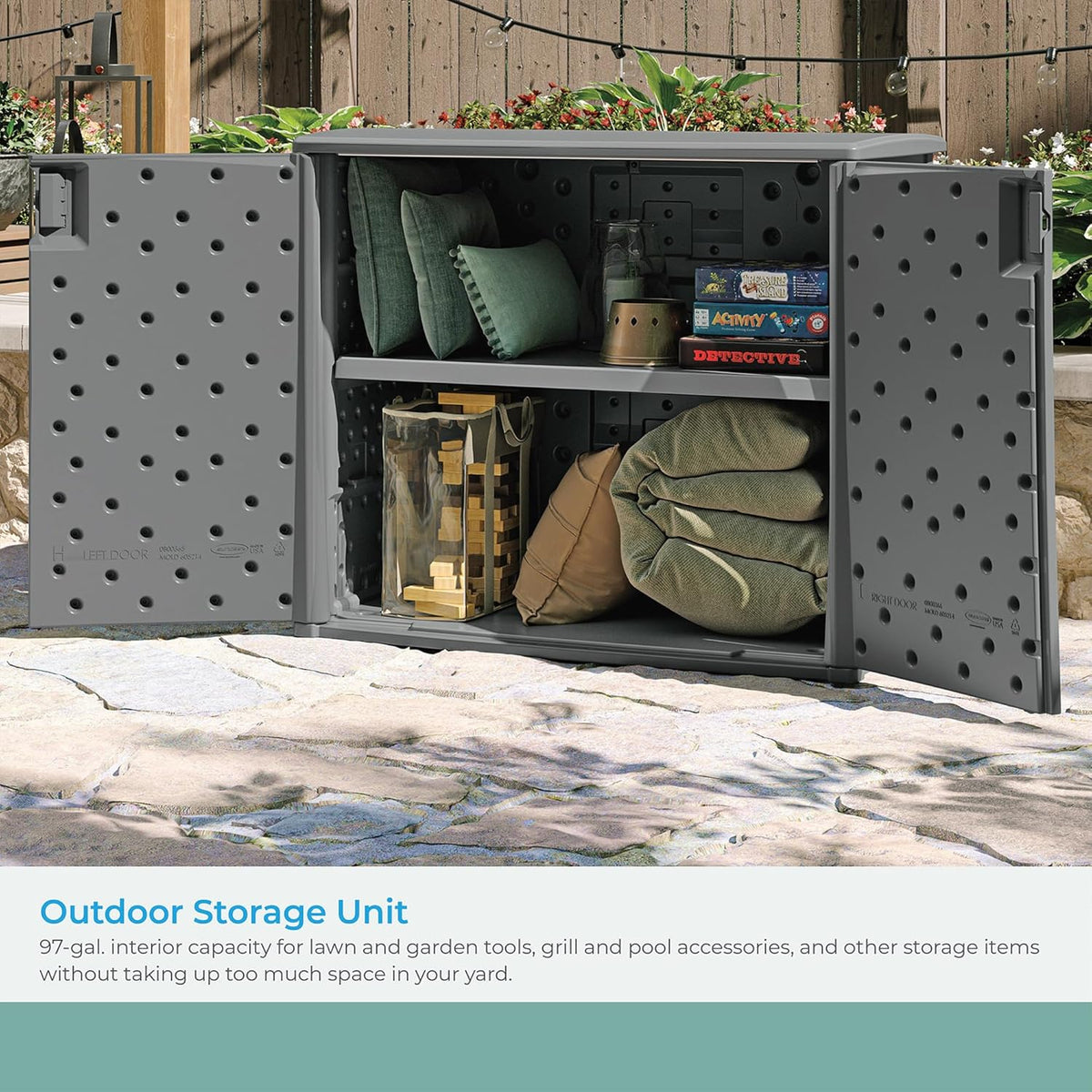 Suncast Lockable Outdoor Cabinet Storage for Patio, Garden and Backyard, 97 Gal, Cool Gray