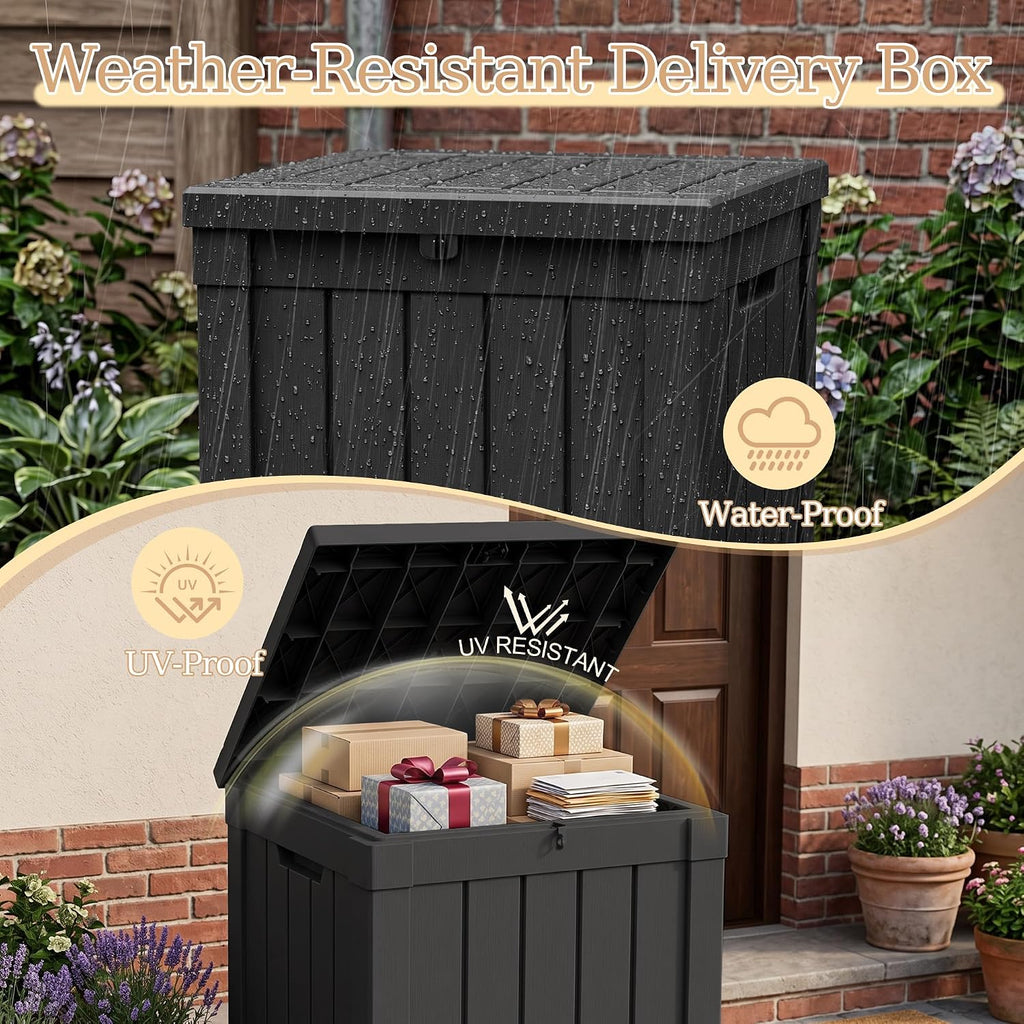 outdoor storage box, 70 gallon waterproof package delivery, close-up detail
